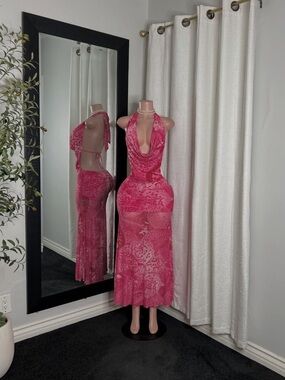 Plunge Halter Pink Maxi Dress